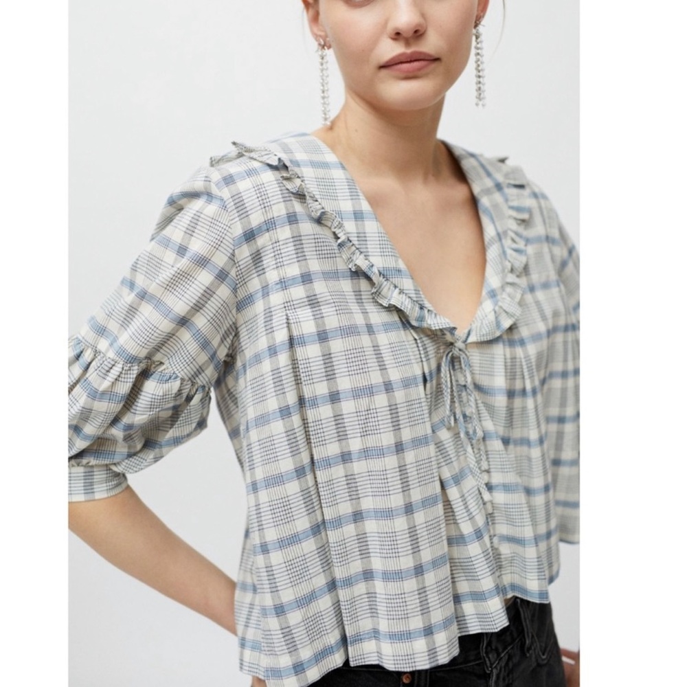 NWT UO Boho Plaid Ruffle Collared Babydoll Blouse Top